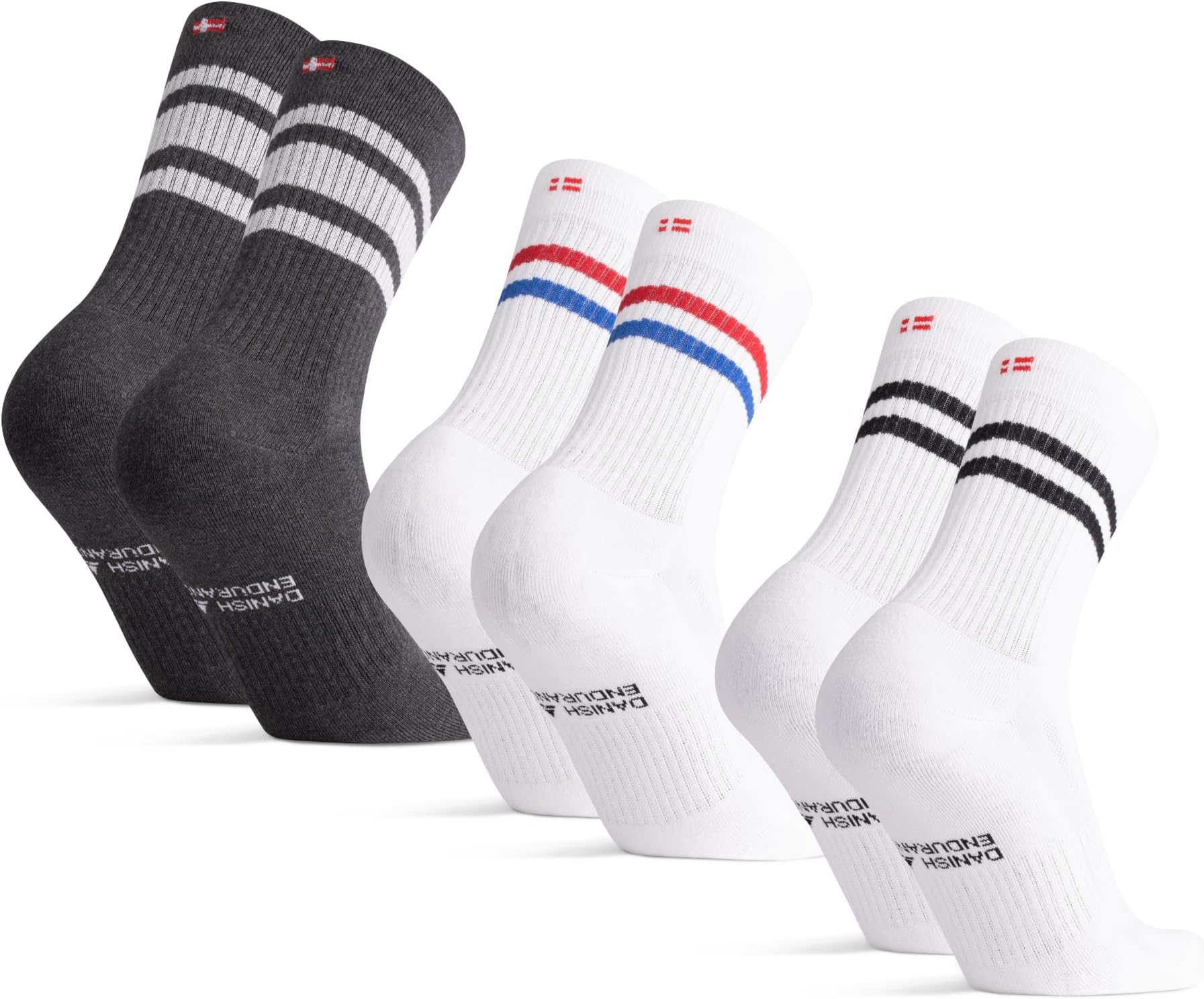 DANISH ENDURANCE Tennis Crew Socks, Cotton Striped Sports Socks, Cushioned for the Gym, for Men & Women, 3 or 6 Pack