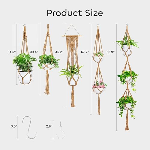 Miniatura 2 de GROWNEER Paquete de 5 colgadores de macramé para plantas con 5 ganchos, diferentes niveles hechos a mano, cuerda de algodón bohemia, juego de