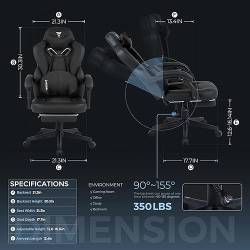 Miniatura 9 de Silla de juegos PRO, sillas ergonómicas de juegos para adultos y personas pesadas, silla reclinable de escritorio de oficina con reposapiés y