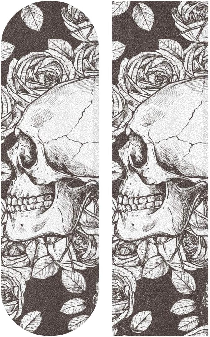 Hupery Skulls and Roses Skateboard Grip Tape Longboard Griptape Waterproof Grip Tape Sheet Sticker Deck Sandpaper Griptape 33.1x 9.1 inch(Skulls)