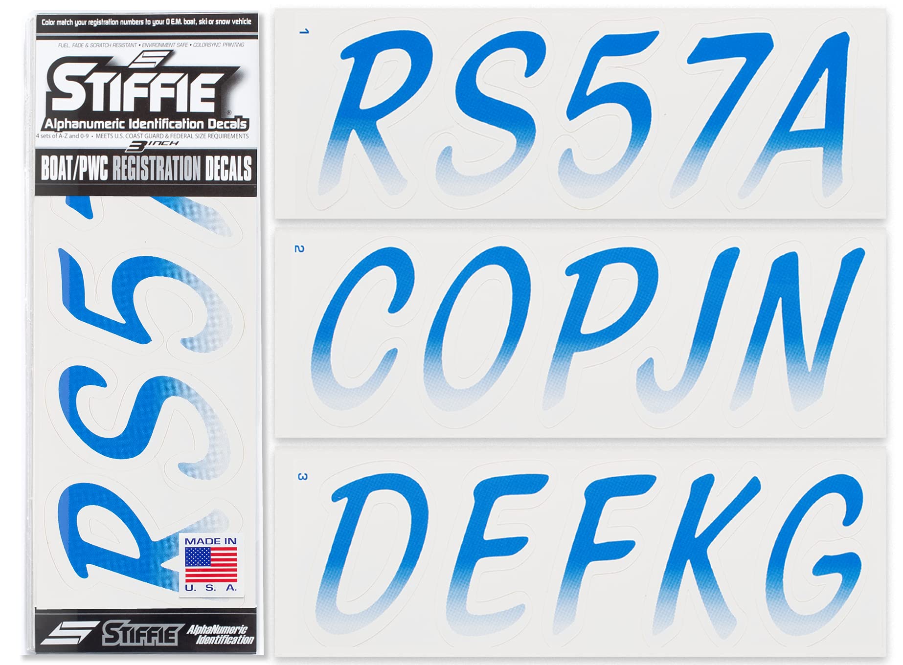 STIFFIE Whipline Blue/White 3" Boat &amp; PWC Registration Decals • Numbers Letters Stickers