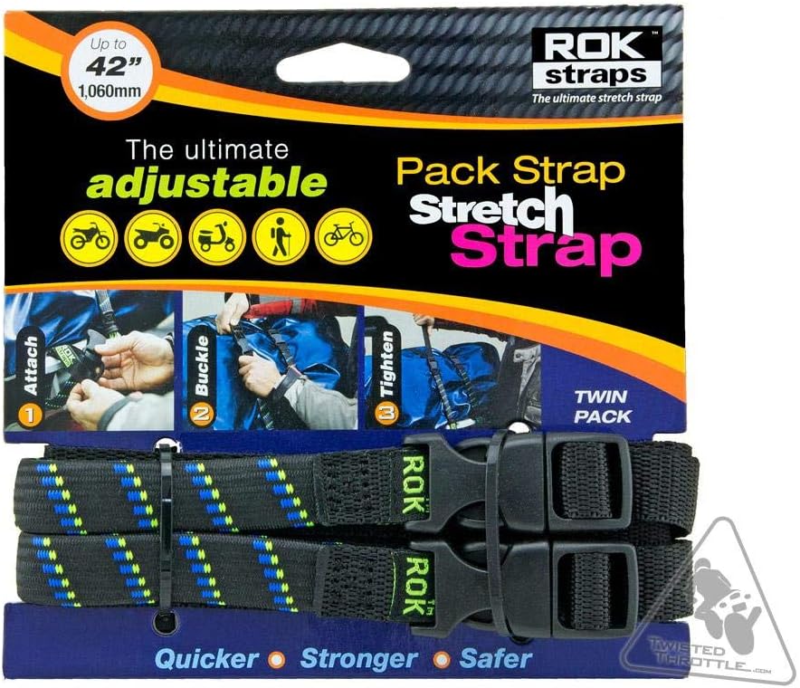 ROK Straps 10305 Adjustable Pack Stretch Strap for Motorcycle/ATV, 42" | Flat Cargo Bungee Tie-Downs (Blue/Green/Black, 1 Pair)