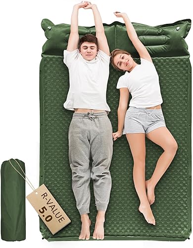 WILD FUN Colchoneta de dormir doble, colchón de campamento de 2 pulgadas para 2 personas con almohada, almohadilla de campamento autoinflable con