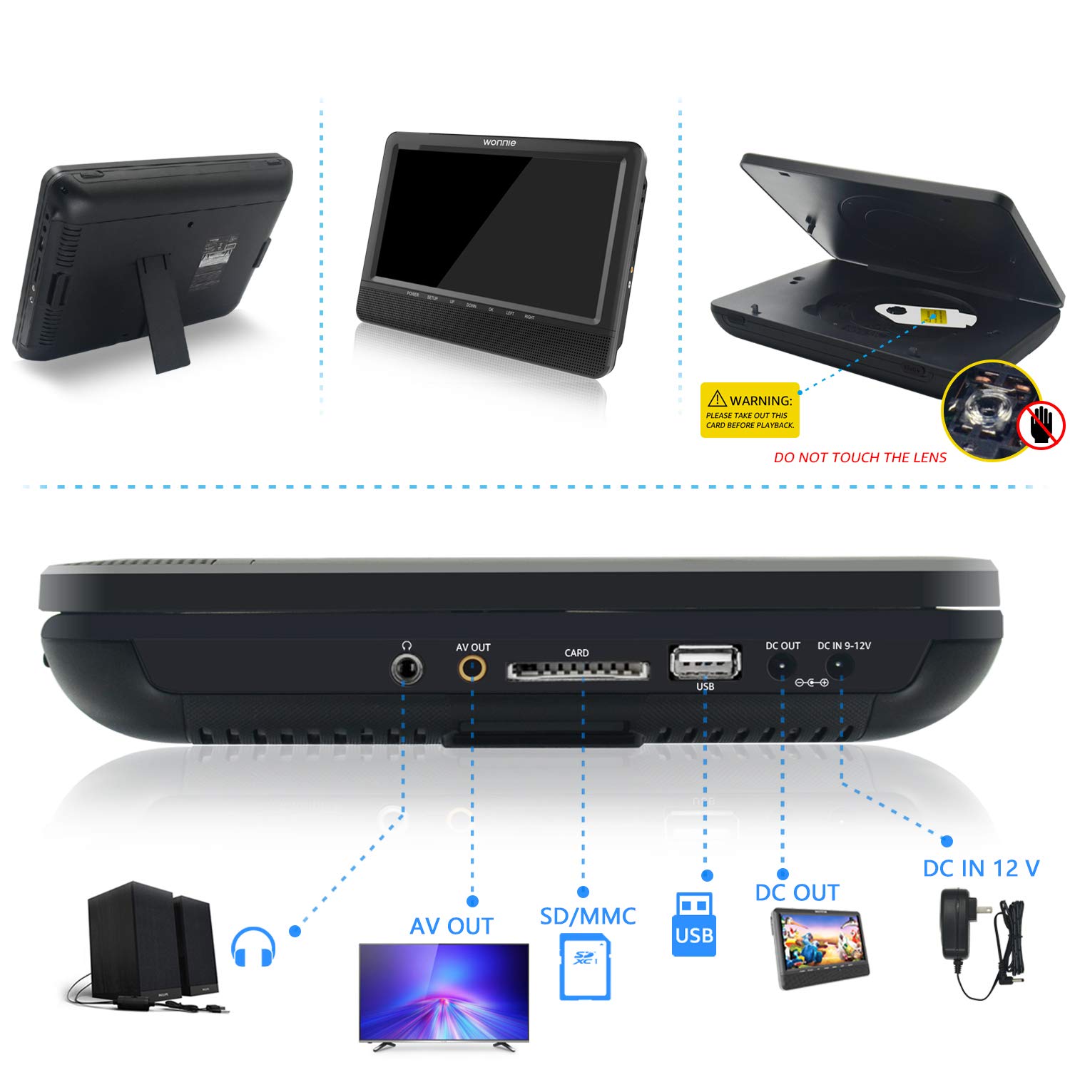 wonnie Téléviseur portable voiture lecteur DVD, avec deux 10.5 pouces TFT écran LED, avec une résolution 1024 * 600 Support de appui-tête, soutien USB/SD, idéal pour voyage des familles