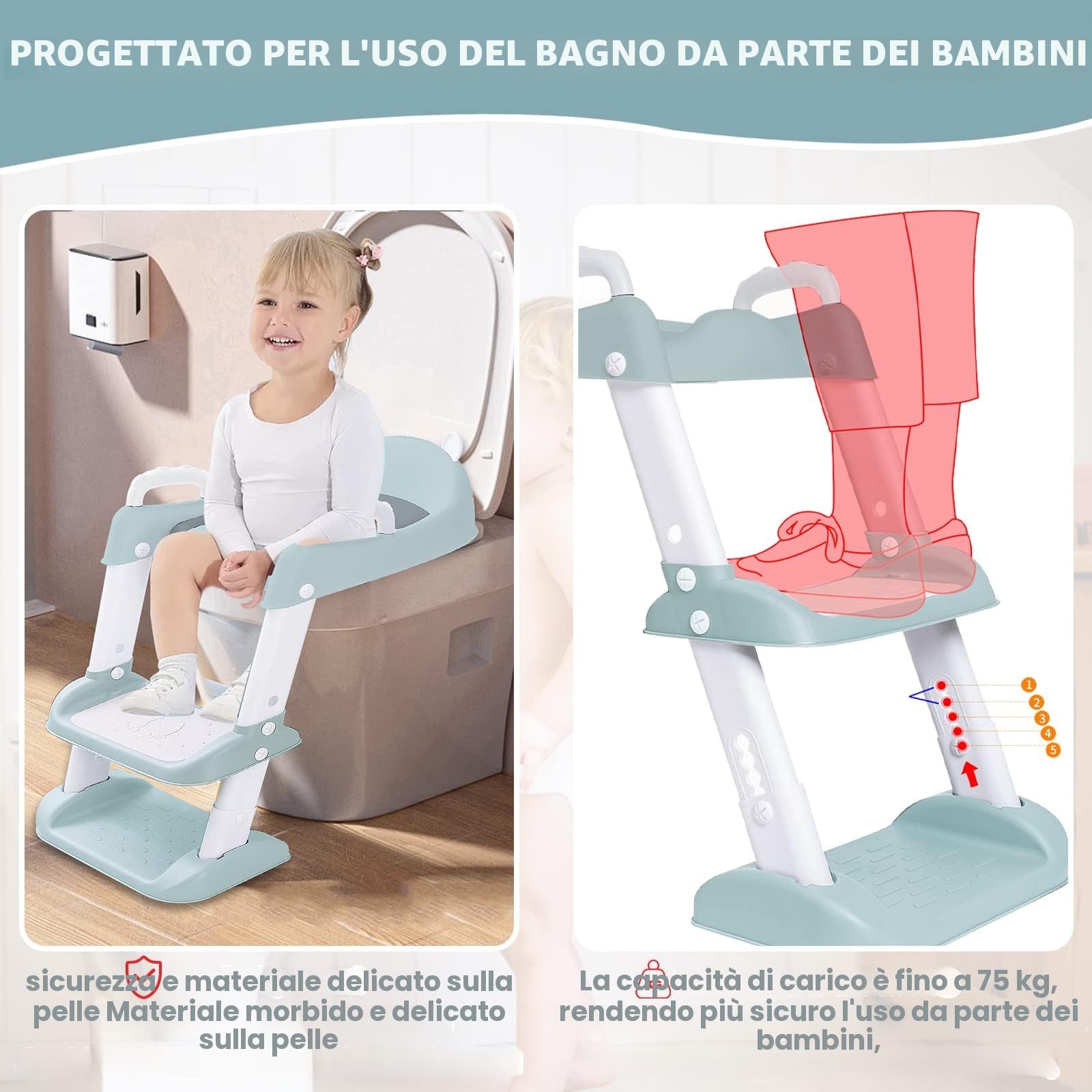 Riduttore WC per Bambini, con Scaletta, con PU Morbida Seduta Imbottita, Pieghevole, Antiscivolo, Adatto per Tazze a V, U Oppure O