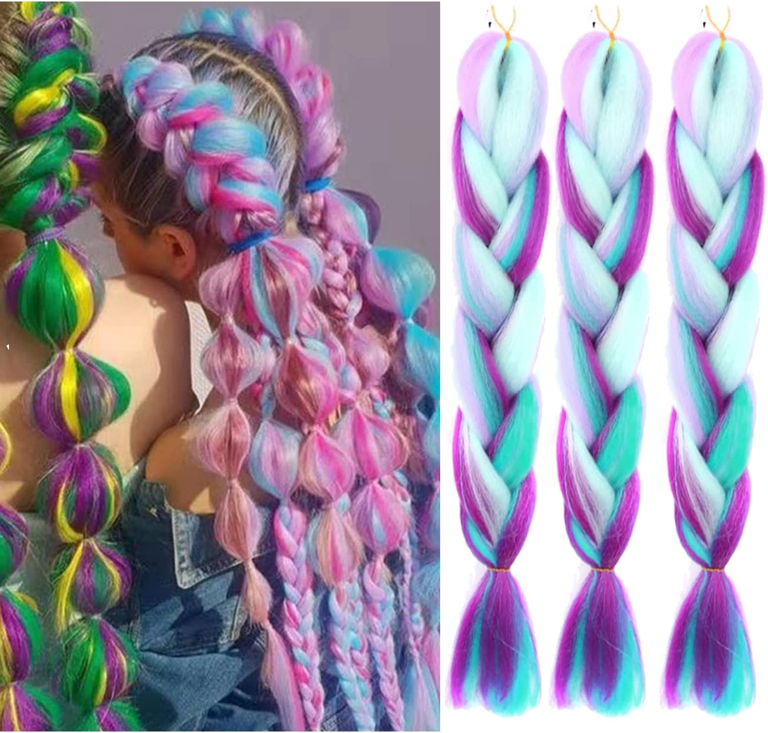 Jumbo Braiding Hair Fiber Mix Four Silky Colorful Twist Braiding Hair 3pcs Rainbow Colors Extensions Synthetic Hair Blue-Light Purple-Pink Synthetic Fiber Soft Healthy (24 Inch 3pcs)
