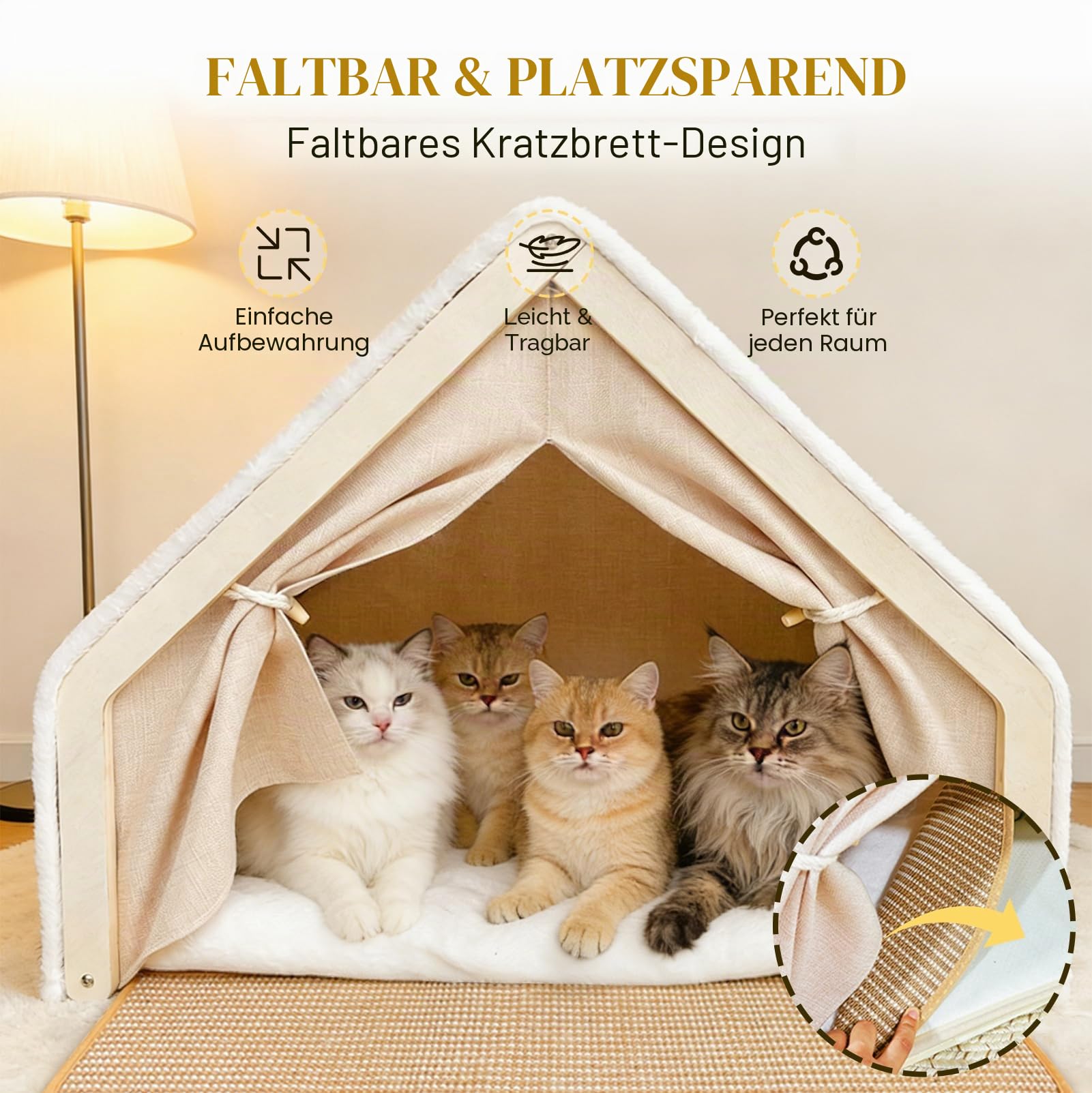 2-in-1 Katzenhaus Mit Kratzbrett Aus Holz, Katzenzelt Indoor