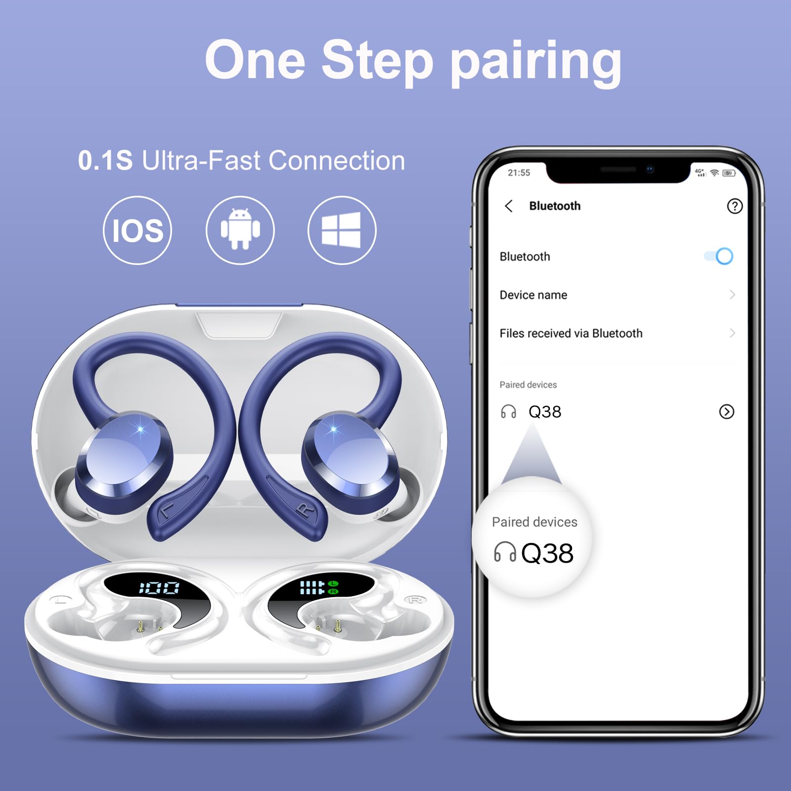 Ecouteurs Bluetooth sans Fil Sport, Headphones 5.4 HiFi Stéréo, Ecouteurs sans Fil avec ENC Mic, 54H Ecouteur Pour Courir, IP7 Étanche Écouteur, Oreillette Sans Fil, Casque Écran LED pour ios/Android