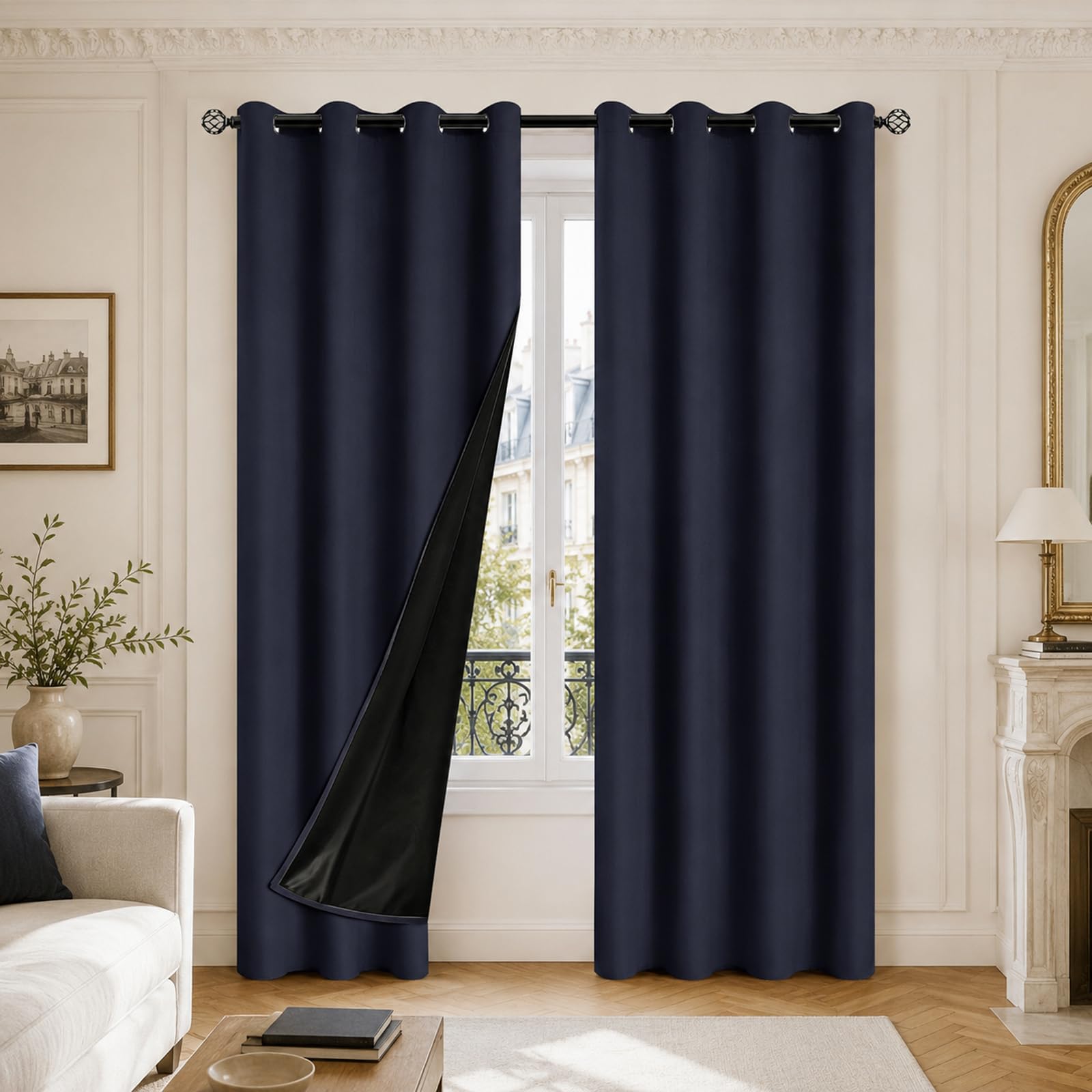 Blackout Curtains Thermal Insulated Eyelet Curtains with Black Liner, Full Light Blocking Room Darkening Window Drapes for Bedroom Living Room(Size:100x250cm/39"W x 98"L(2 Panels),Color:Navy Blue)
