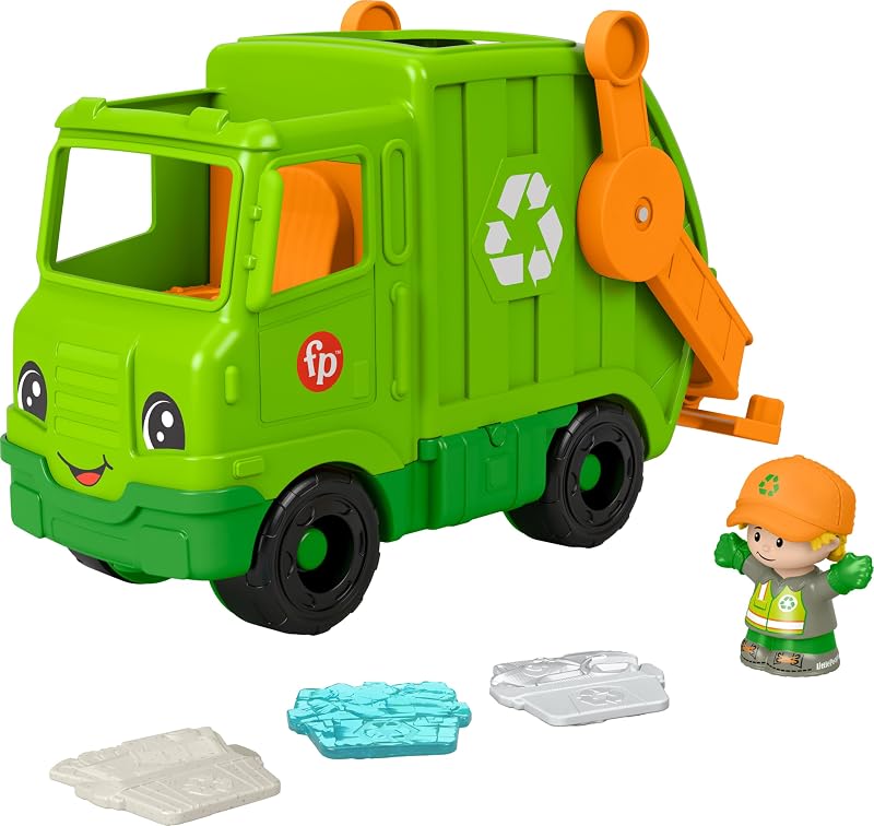 Camión de reciclaje Fisher-Price Little People, juguete para niños pequeños | Vehículo de basura para empujar, luces, música y sonidos, 2 figuras, niños en edad preescolar a partir de 1 año