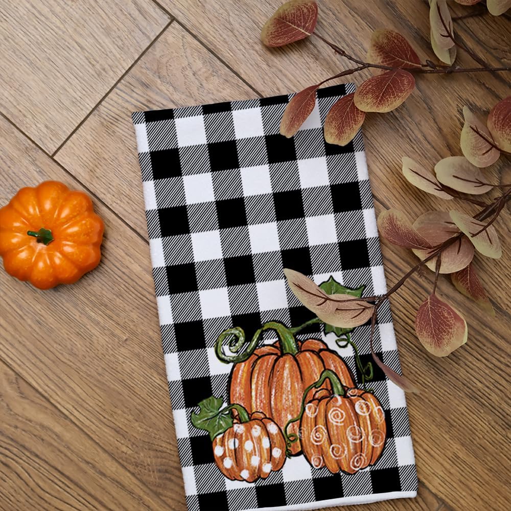 ARKENY Fall Kitchen Towels Set of 2,Black Buffalo Check Pumpkin Autumn Dish Towels 18x26 Inch Drying Dishcloth,Farmhouse Home Decoration AD127 - Image 3