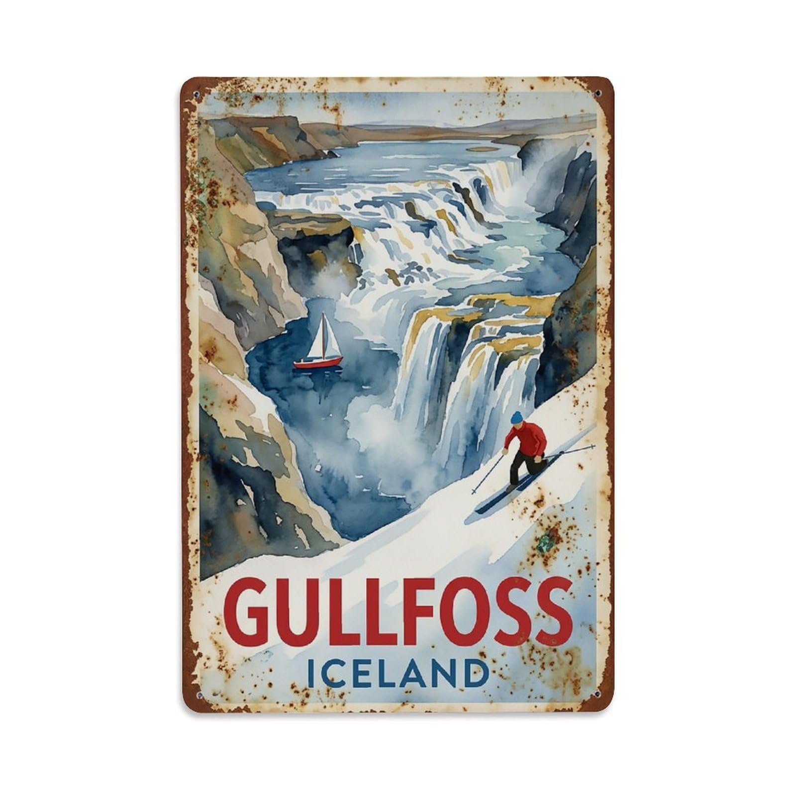 Vintage Travel Gullfoss Iceland Powerful Metal Tin Sign