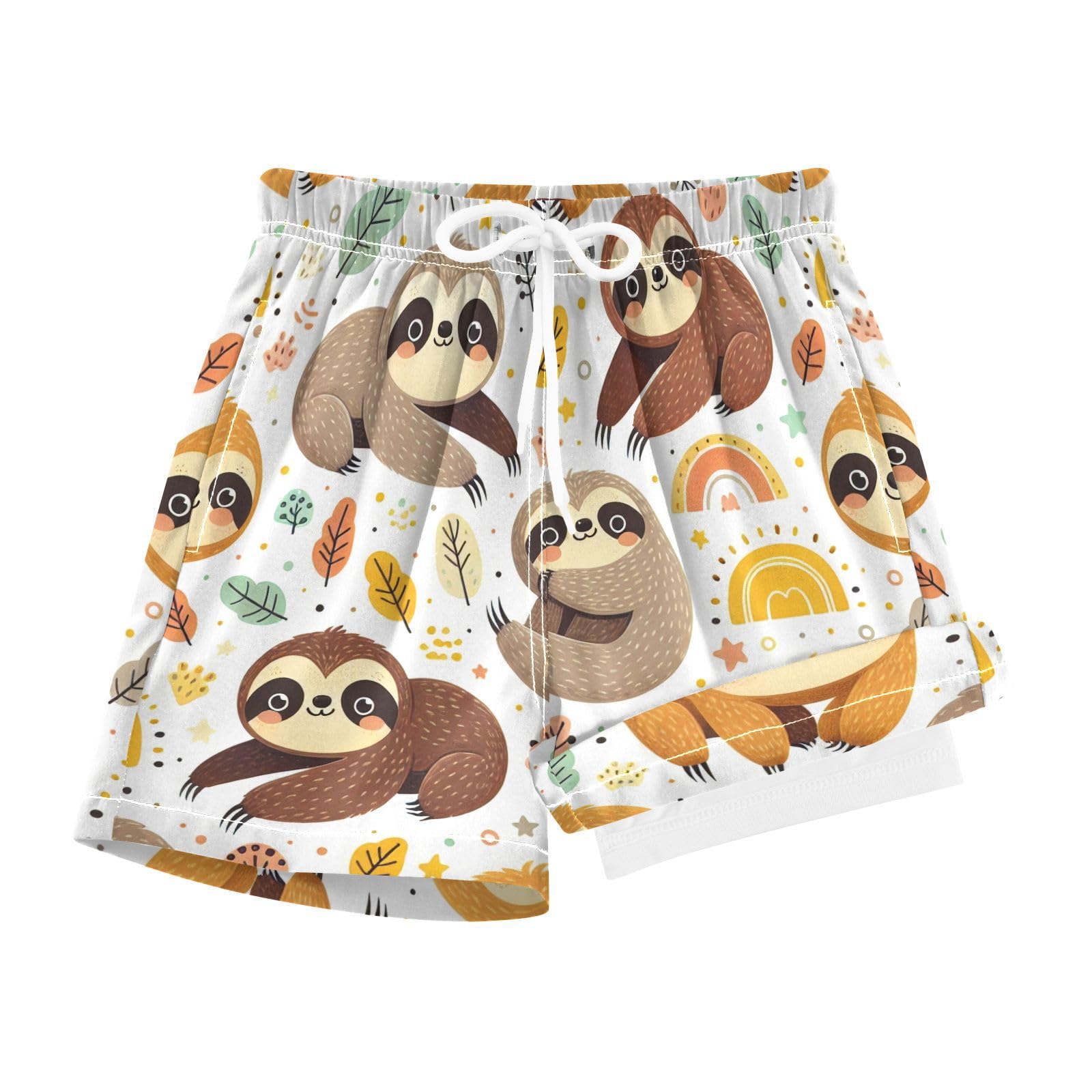 YANENDIE Boy Swim Trunks with Compression Liner Sloth Pattern Kids Style Boys Swim Shorts Quick Dry Beach Shorts