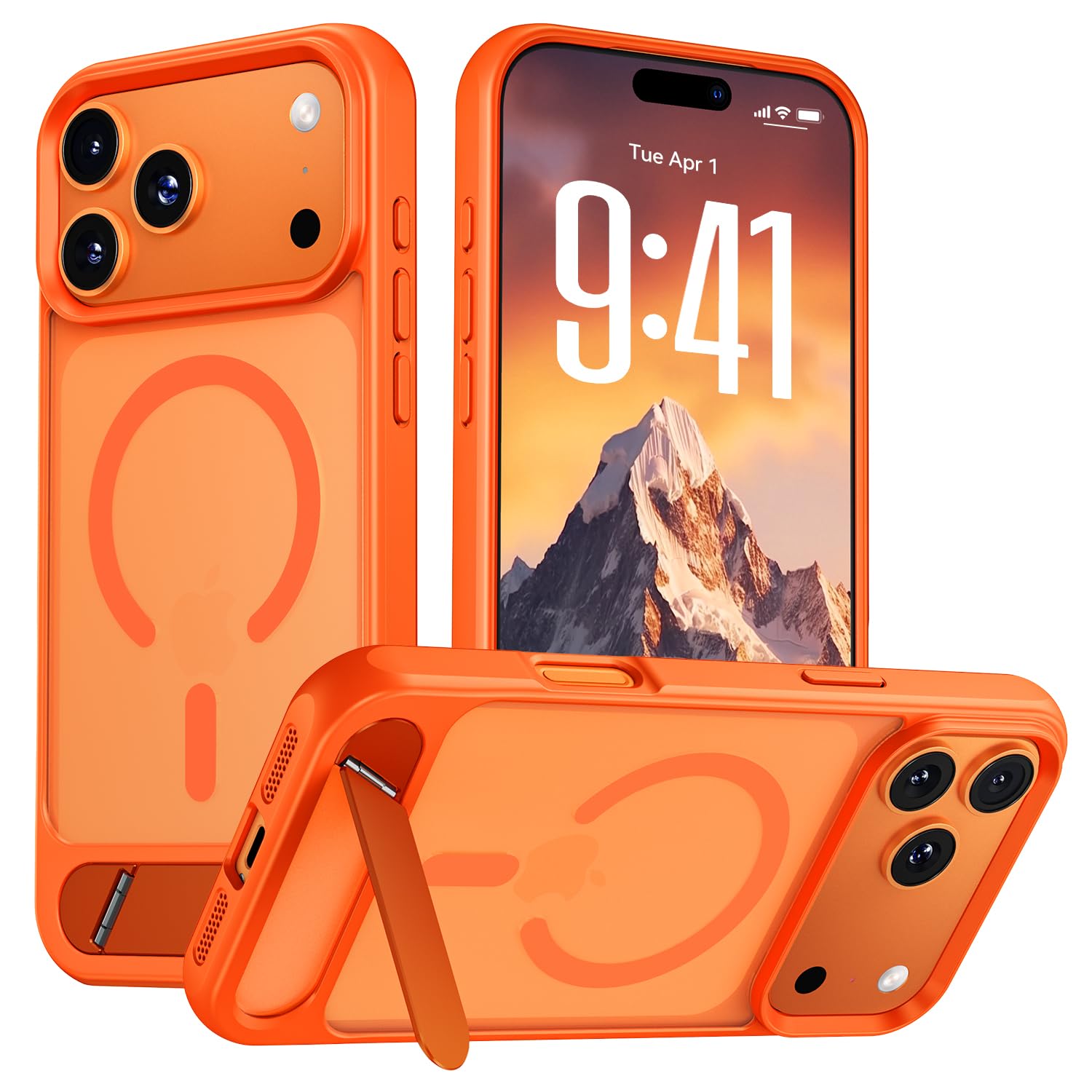 Hoerrye für iPhone 17 Pro Hülle für MagSafe - Flügelständer Kompatibel, Eingebauter Magnetring, Stoßfest Kratzfest Transluzente Matt für iPhone 17 Pro Case Orange