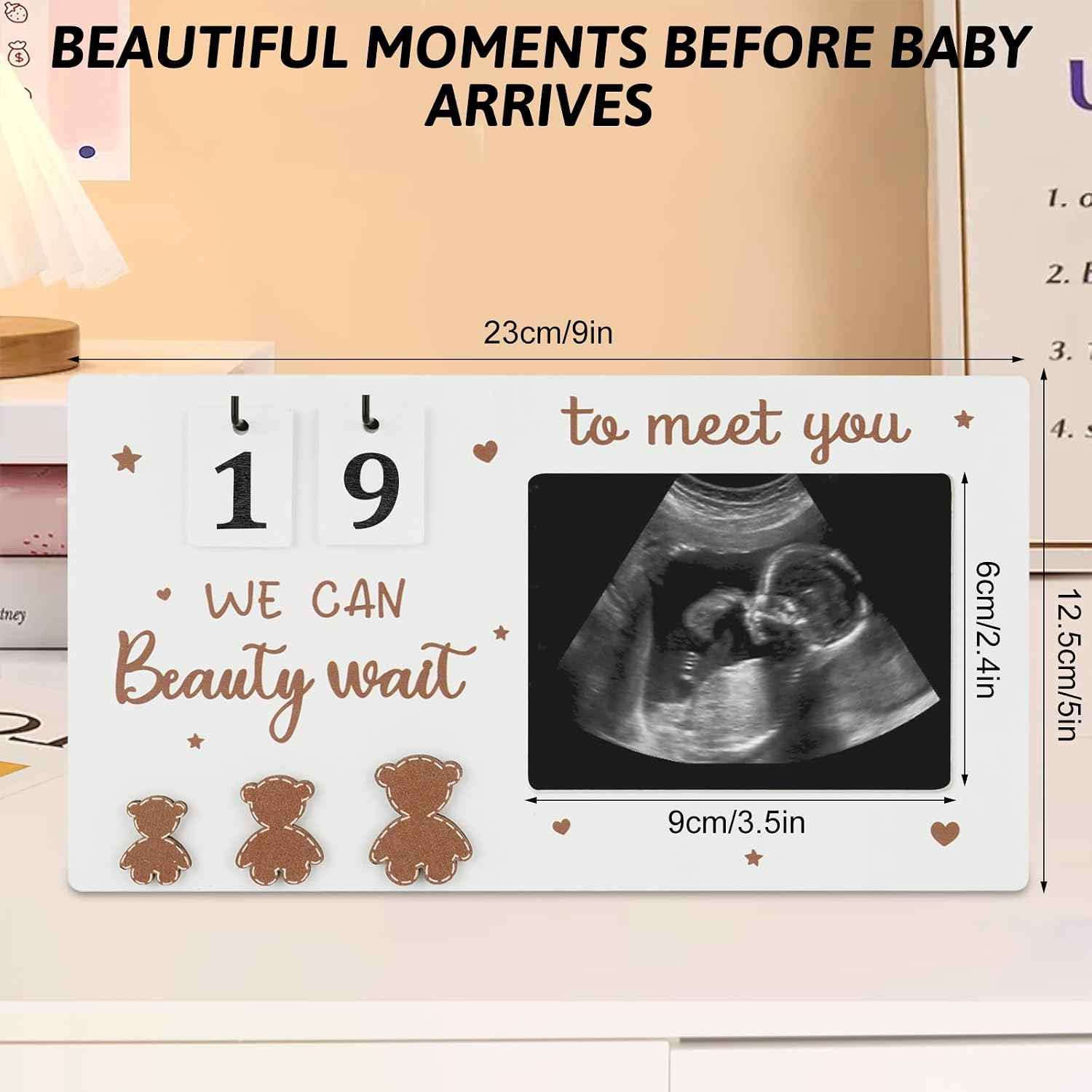 Draupnir Sonogram Picture Frame, Wooden Ultrasound Photo Frame with Baby Countdown Weeks, Bear-Themed Ultrasound Keepsake Gift for Expecting Parents, New Mom - First Pregnancy, Announcement (Brown)