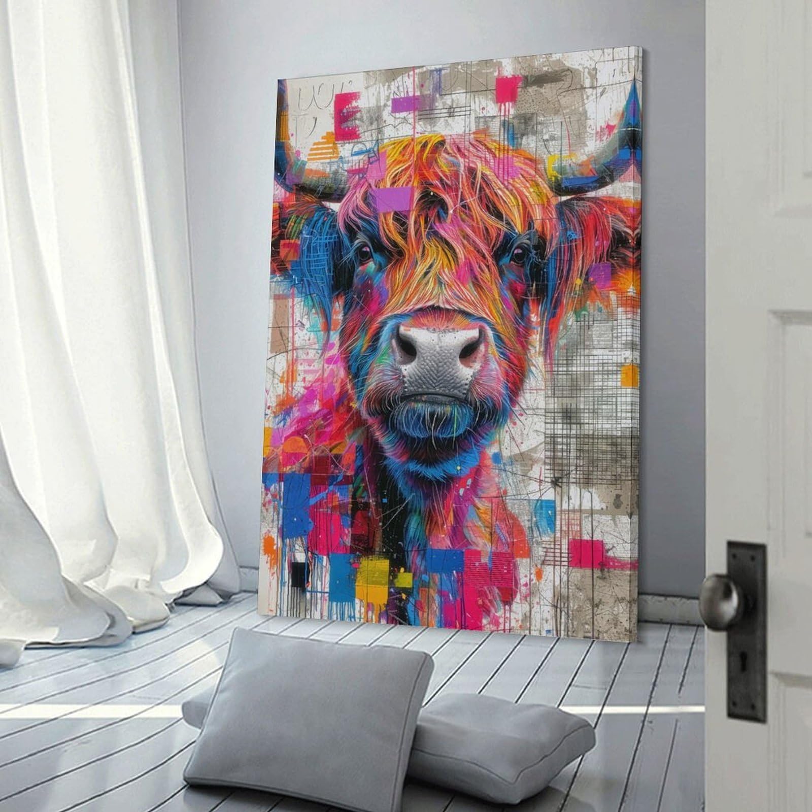 Junmoney Frame-Style-13-1 Hanging Wall Art Highland Cow Colorful Face, 24X36inch(60X90cm), For Gallery Wall Layouts In Home Or Office, An Easy Match For Collected Prints