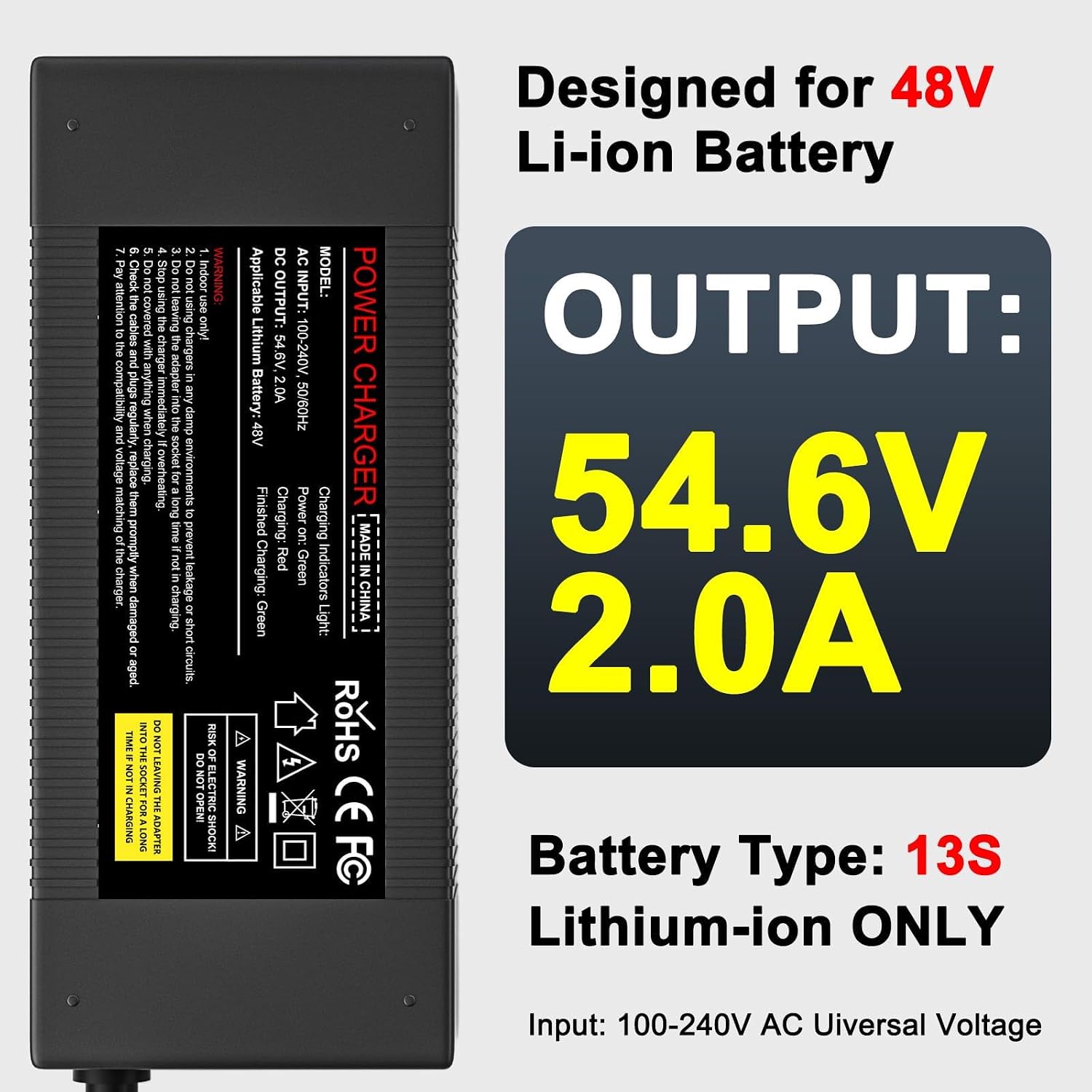 PUKOKAL 54.6V 2A Ebike Charger for 48V Lithium Battery | Fast charging electric bike charger & scooter power adapter with a DC 5.5x2.5/2.1mm plug