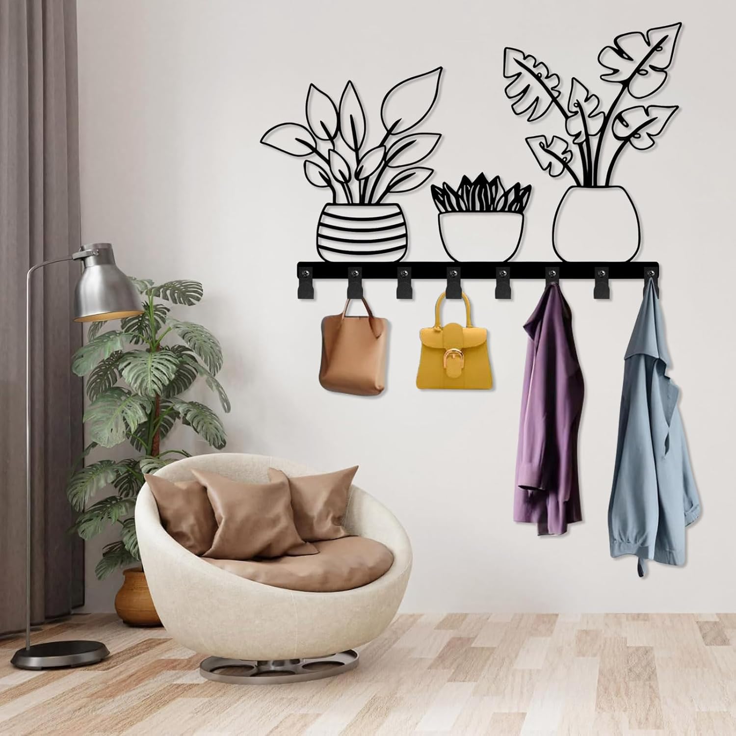 Metal Planter Coat Rack, Rustic Vase Wall Mounted, Botanical Flower Wall Mounted, Flower Key Hat Clothes Hooks, Nature Home Decor (Black, 11"x19"|28x47cm)