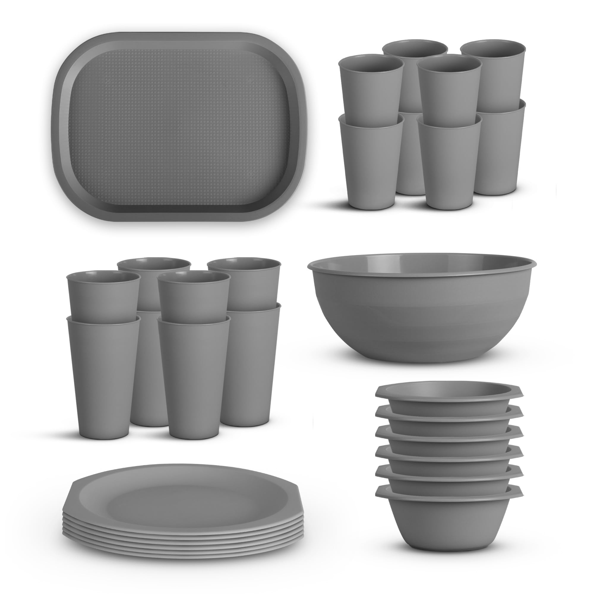 Pro Home Geschirr Set Bruchfester PP Kunststoff - BPA Frei - 30tlg. (Schüssel, Teller, Becher, Tablett) Spülmaschinenfest - Party Set Kinder Camping Picknick