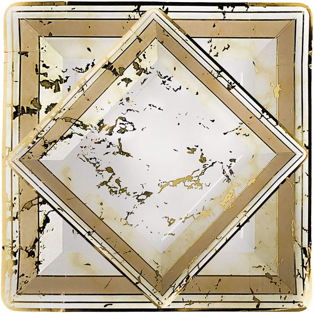 Tiger Chef 100-Pack Marble Design Color Heavy Duty Disposable Party Supplies Set for 50 Guests, includes 50 10-Inch Dinner Plates, 50 7-Inch Square Paper Plates - BPA-Free (Gold, 100)