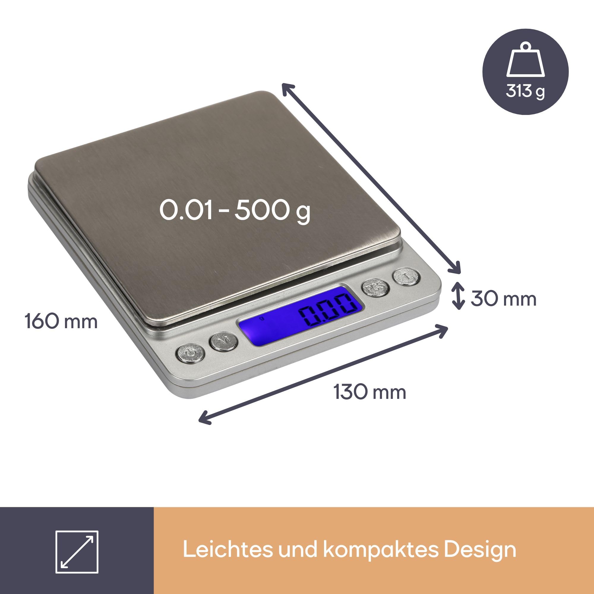 Perel Digitale Präzisionswaage 500 g, Genauigkeit bis 0,01 g, LCD-Display mit Hintergrundbeleuchtung, Tara-Funktion, automatische Abschaltung, kompakte Taschenwaage, grau