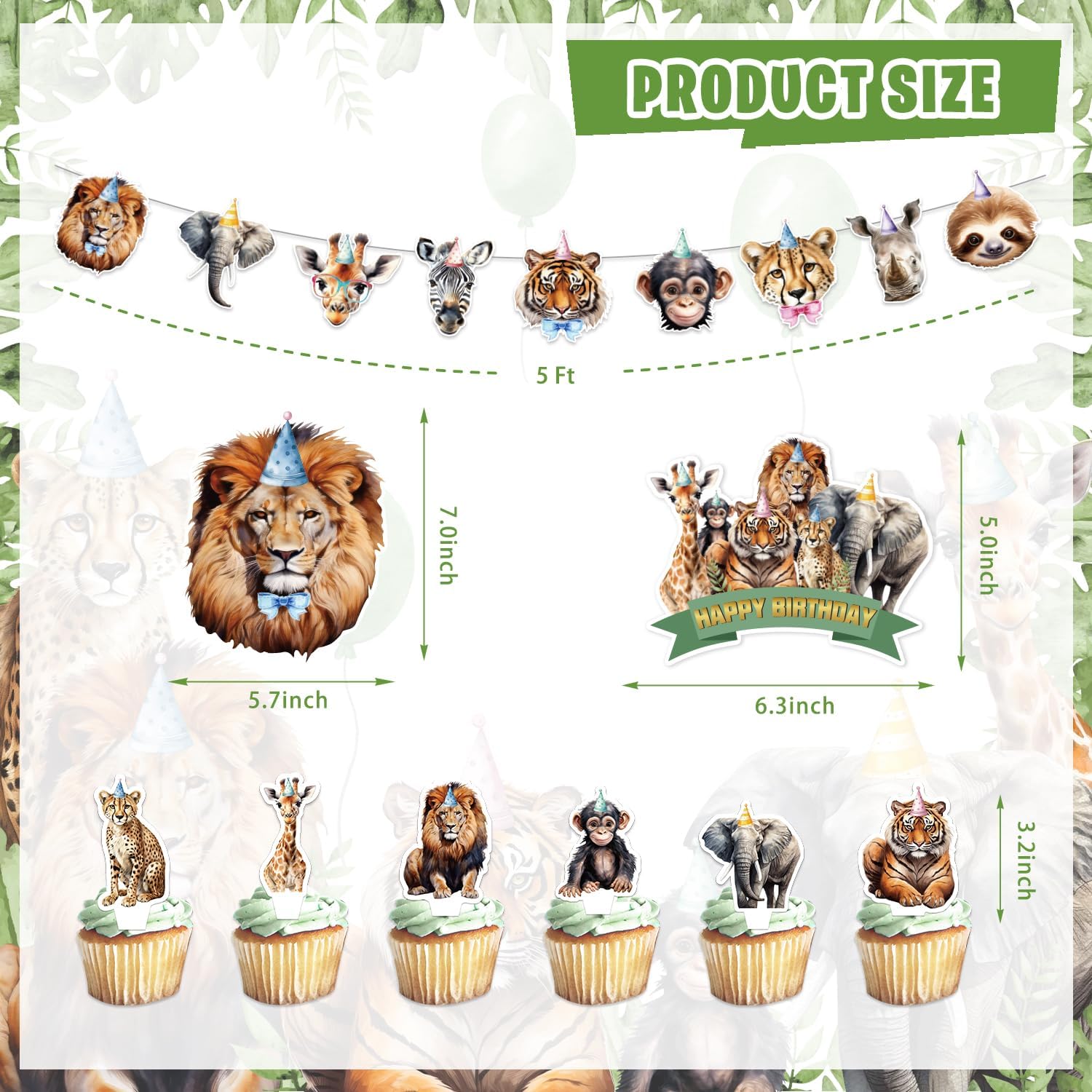 Mpanwen Jungle Safari Birthday Party Decorations, 127 Pcs Zoo Safari Animal Theme Party Supplies for Baby - Backdrop, Banner, Cake, Cupcake Toppers, Palm Leaves