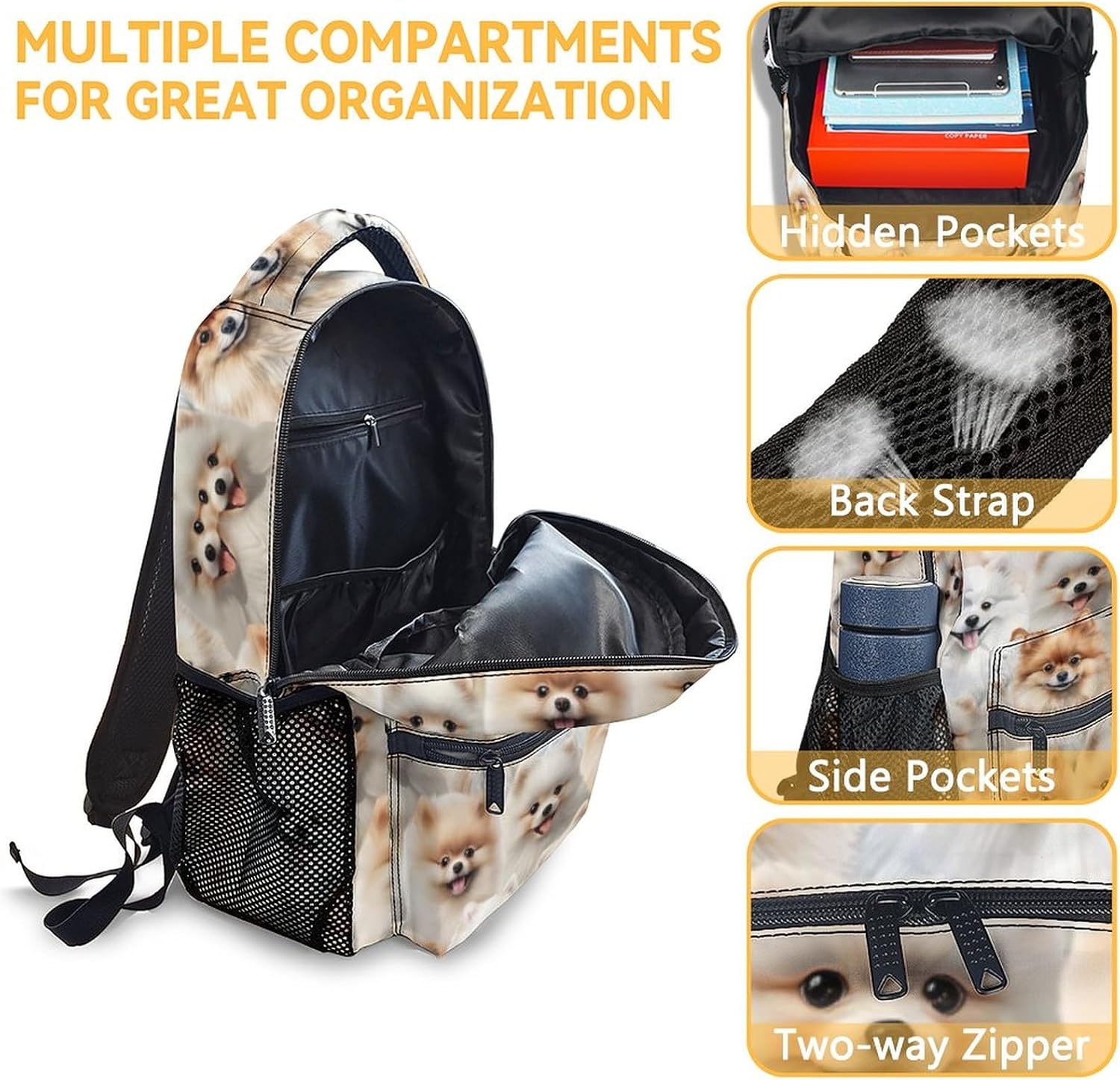 UNIKITTY Pomeranian Backpack for Girls Boys, 16 Inch White Dog theme Backpacks with Adjustable Straps, Cute, Large Capacity Bookbag for Kids School