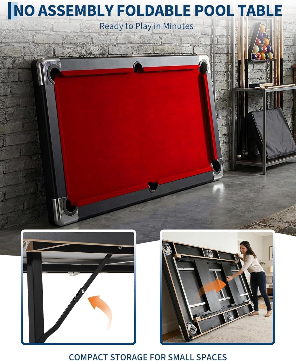 GAOMON 6/7 Foot Pool Table, Portable Billiard Tables, Foldable Small Pool Table, Mesa De Billar Includes Full Set of Billiard Balls, 2 Cue Sticks, Chalk & Felt Brush for Family Game Room Red