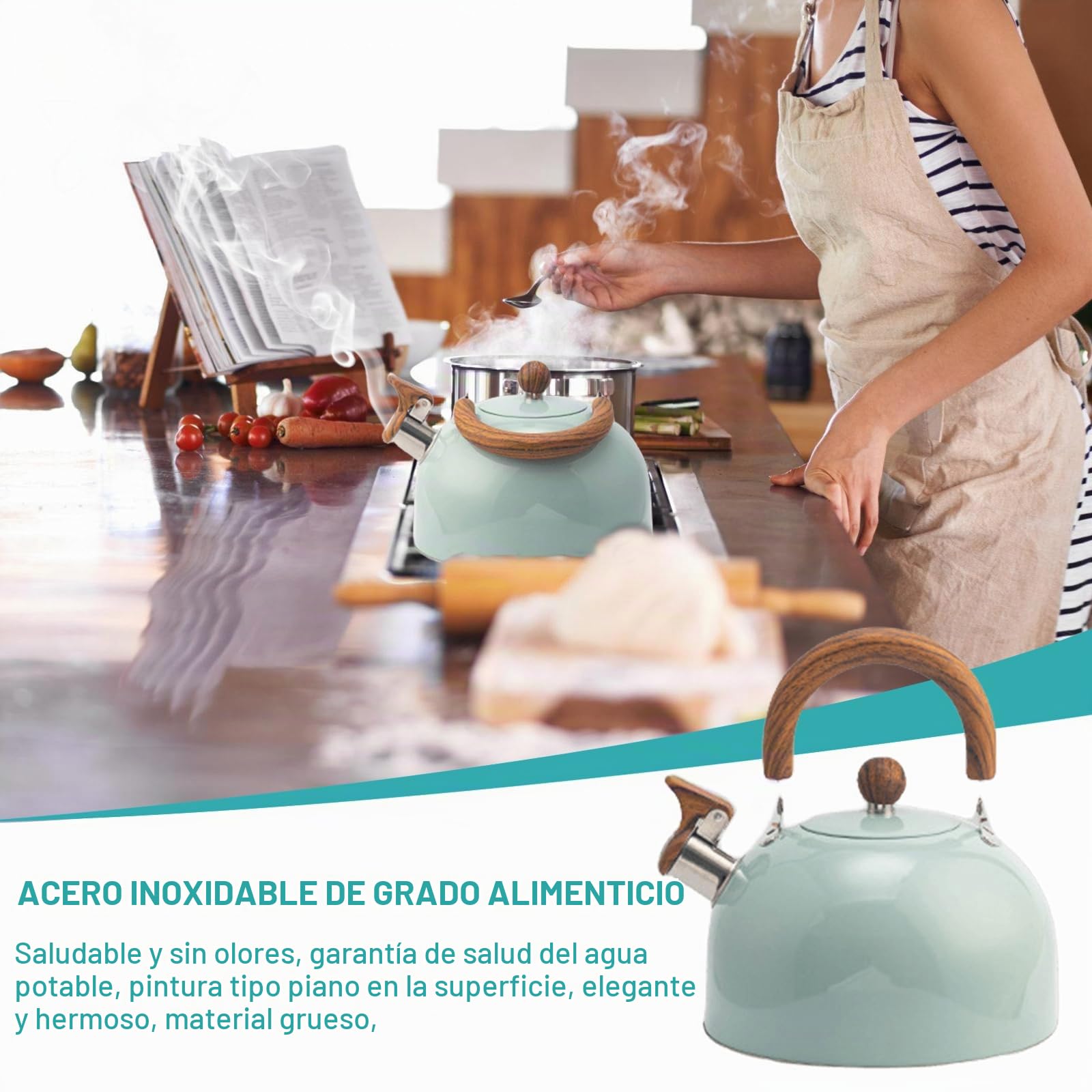 Hervidor de agua de 3 L, acero inoxidable, estilo retro, para todo tipo de cocinas, flautas, silbato con asa, tetera con silbato automático, hervidor de agua moderno de inducción para cocina de gas e