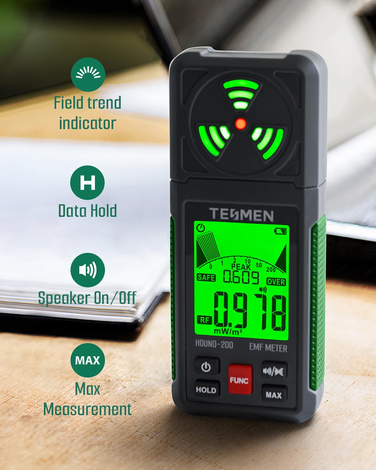TESMEN Hound-200 EMF Meter showing user-friendly features