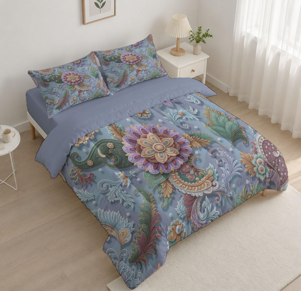 Paisley Flowers Comforter Set Queen Size, Country Floral Bedding Set for Girls Boys, Beige Quilt Bed 90"X90" Bedding Comforter Sets with 2 Pillowcase Room Decor