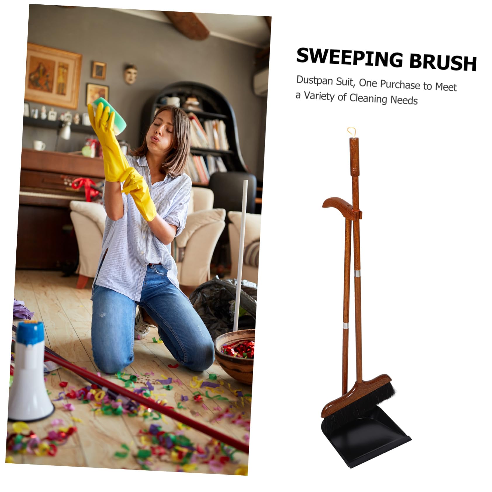 Escoba con Recogedor de Mango Largo, Madera y Crin, para Limpieza | Boca Ancha, Cerdas Suaves, Uso Versátil, para Salones y Limpieza Exterior