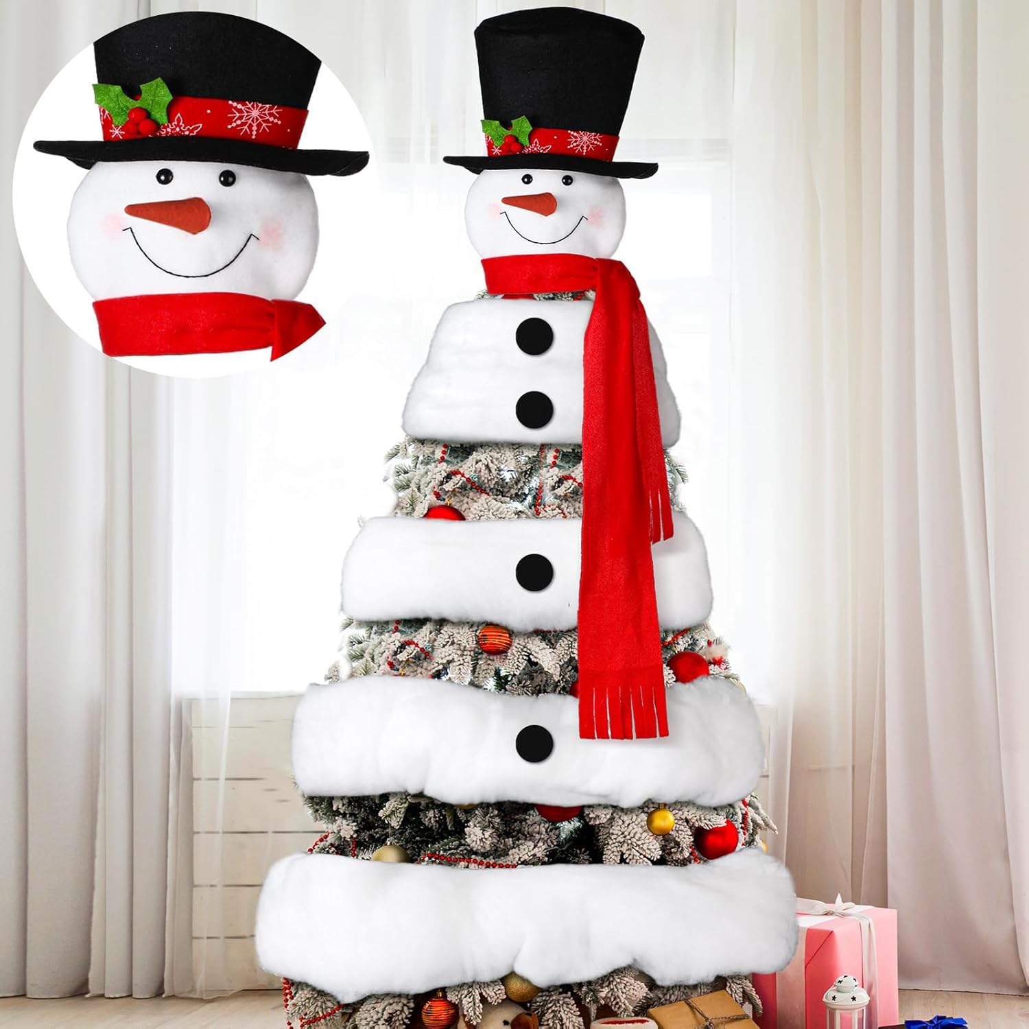 Gejoy Winter Snowman Tree Topper 4.92ft Fake Snowman Hat Snow Scarf Tree Decoration Cute Hug Topper for Christmas Holiday New Year Winter Decor