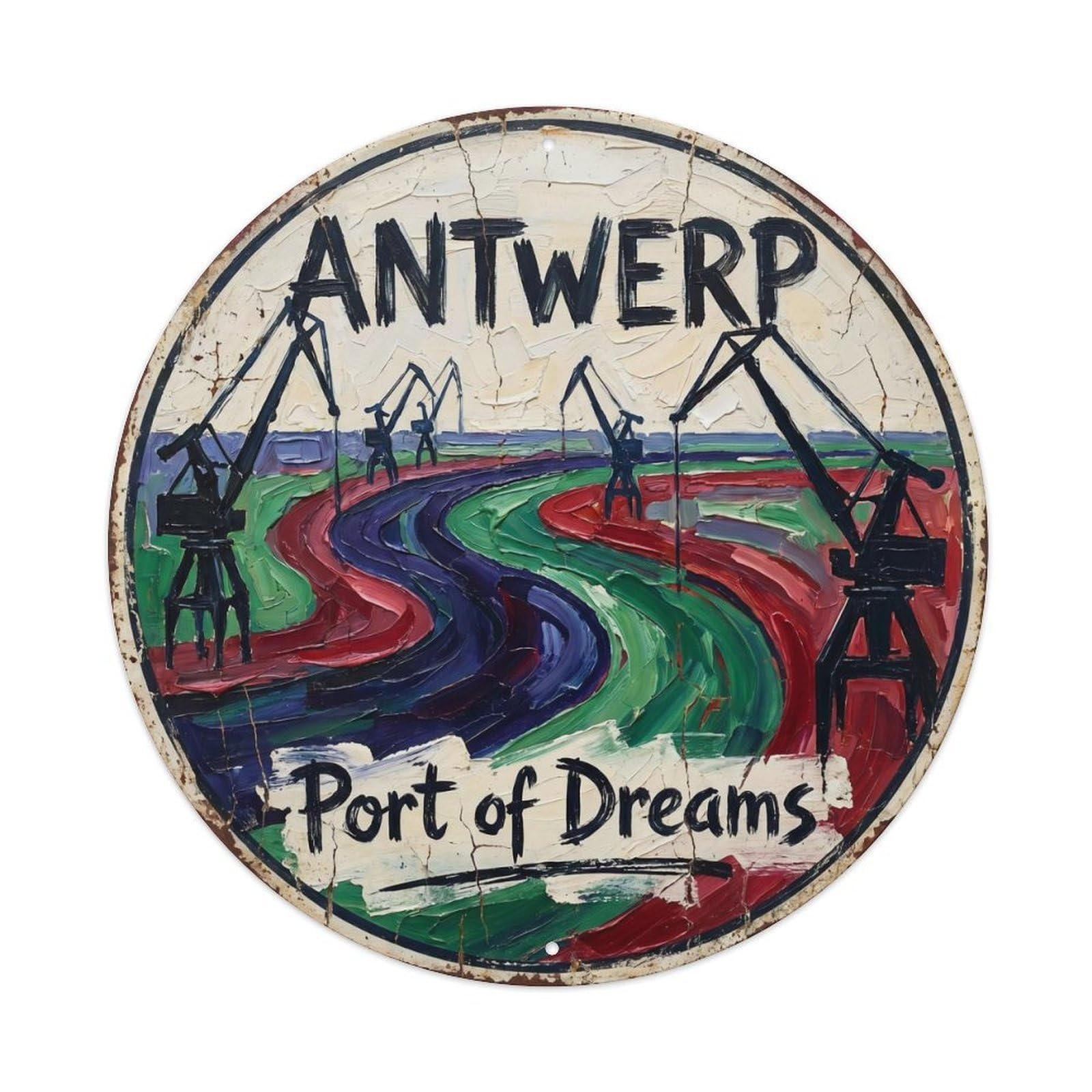 Yrnq Vintage Style Vintage Travel Antwerp River Belgium Vintage Metal Tin Sign Plaque Wall Decor For Cafe, Club, Garden Round Metal Poster 8X8inch