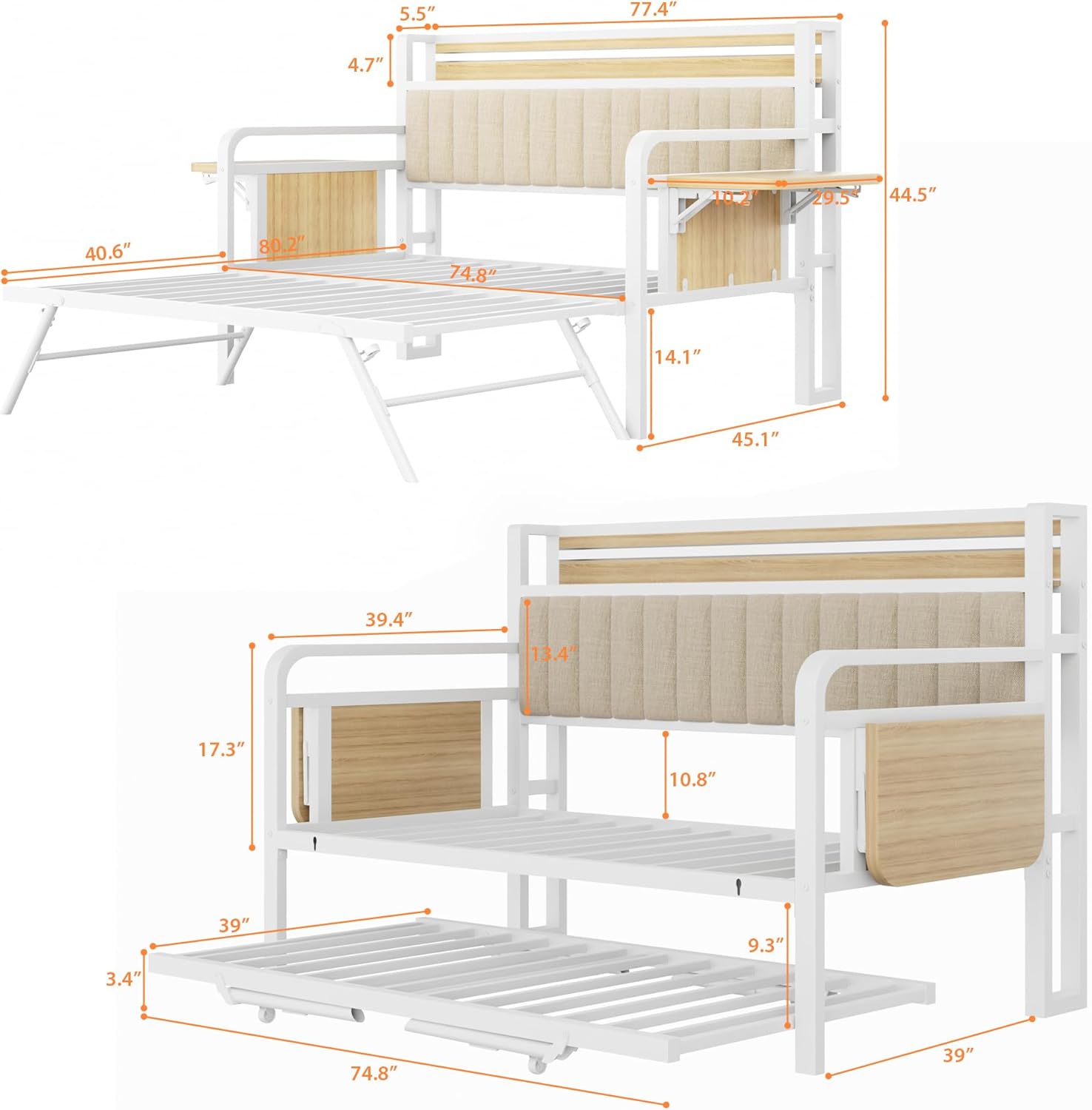 Daybed with Trundle and LED Light, Heavy Duty Metal Twin Bed Frame with Upholstered Storage Headboard & Charging Station, Day Bed Pop Up Trundle Bed Twin for Living Room,Bedroom and Guest Room, White