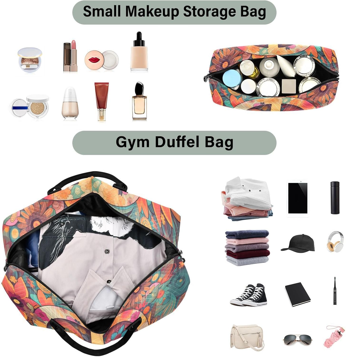 Duffel Bag Set with Toiletry Bag for Travel Gym Sport, Luggage Sleeve Weekender Bag Carry on Overnight Bag-Hippie Peace Print