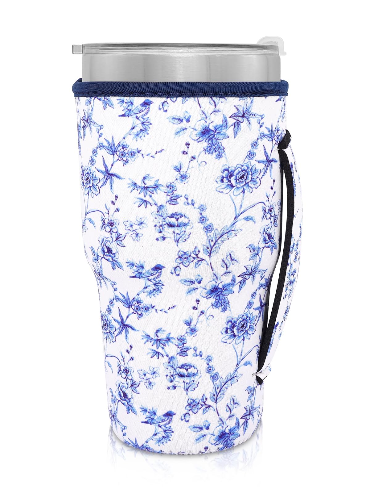 Reusable Iced Coffee Cup Sleeve Neoprene Insulated Sleeves Cup Holder with handle Idea for 30oz - 32oz Tumbler Cups, protein shake bottles(Only Cup Sleeves), Abstract Floral China