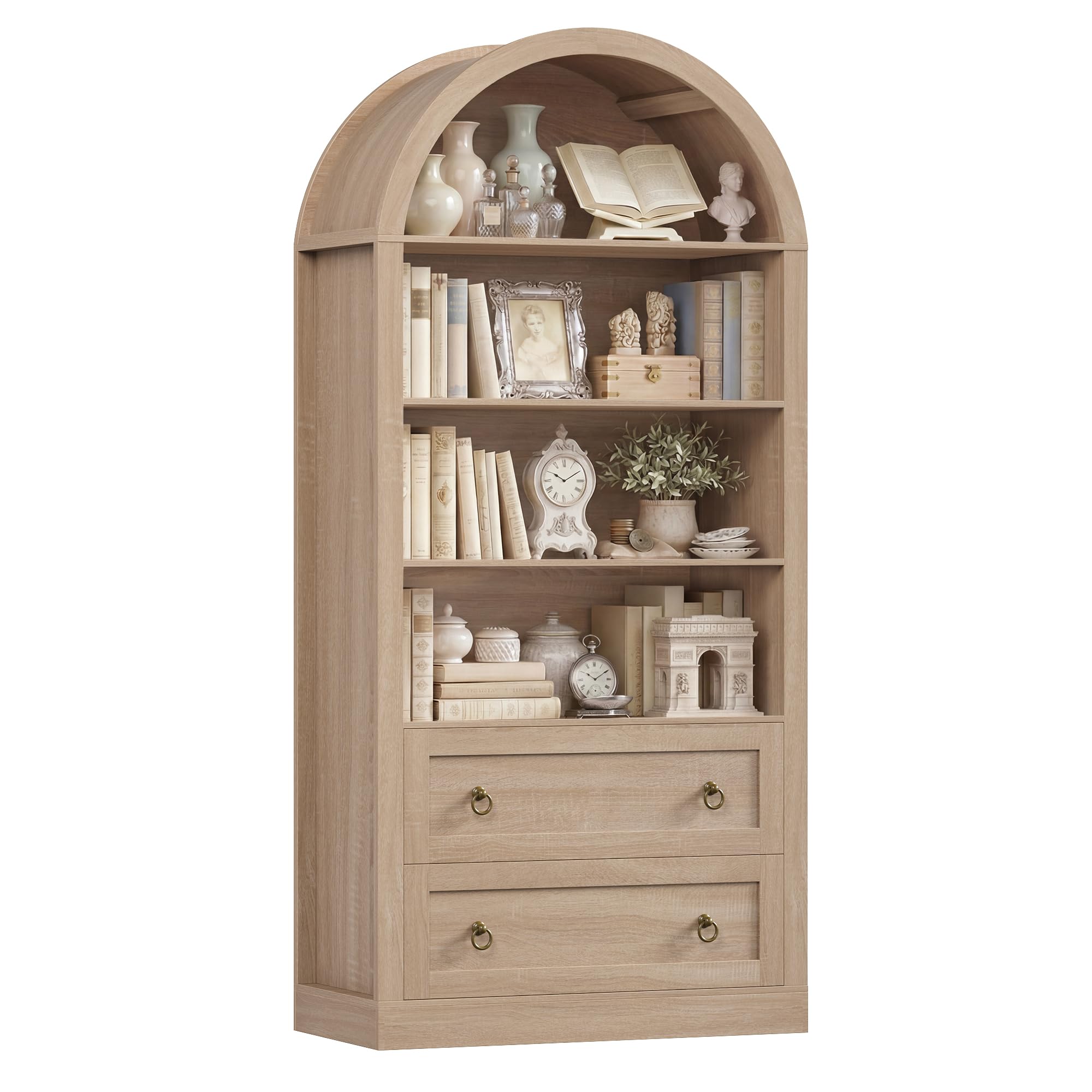 FirFurd Bookcase Arched Bookcase with Drawers Arched Display Cabinet Freestanding Tall Bookshelf with Open Shelves Shelving Unit for Living Room Kitchen 79.5x36x177cm Oak