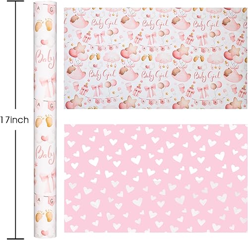 Miniatura 3 de MAYPLUSS Papel de regalo rosa para bebé, papel de regalo para niños, adorable oso rosa, nube, globo y lazo, papel de regalo para baby shower, primer