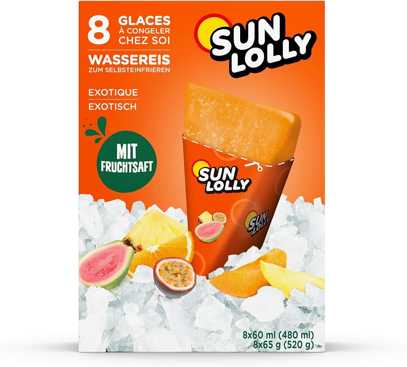 Sun Lolly Wassereis Exotisch 8 Stk | Mit Fruchtsaft | Zum Selbsteinfrieren | Ohne künstliche Aromen | Frei von Süßungsmittel | Laktosefrei | Glutenfrei | 8 x 60ml