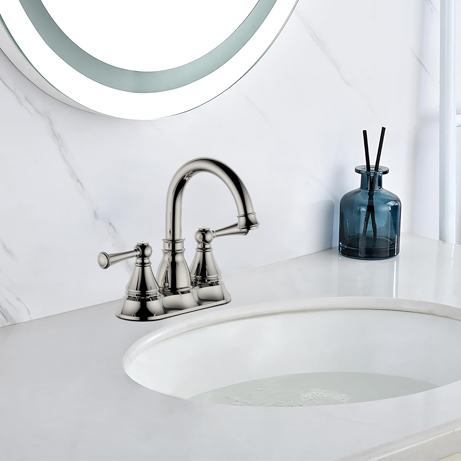 4" Two Handle Lavatory Centerset Faucet,2 Handle Bathroom Faucets for Sink 3 Holes,with Push up Pop-up Drain,Polished Nickel Finish DF-1389-PN, Duttao