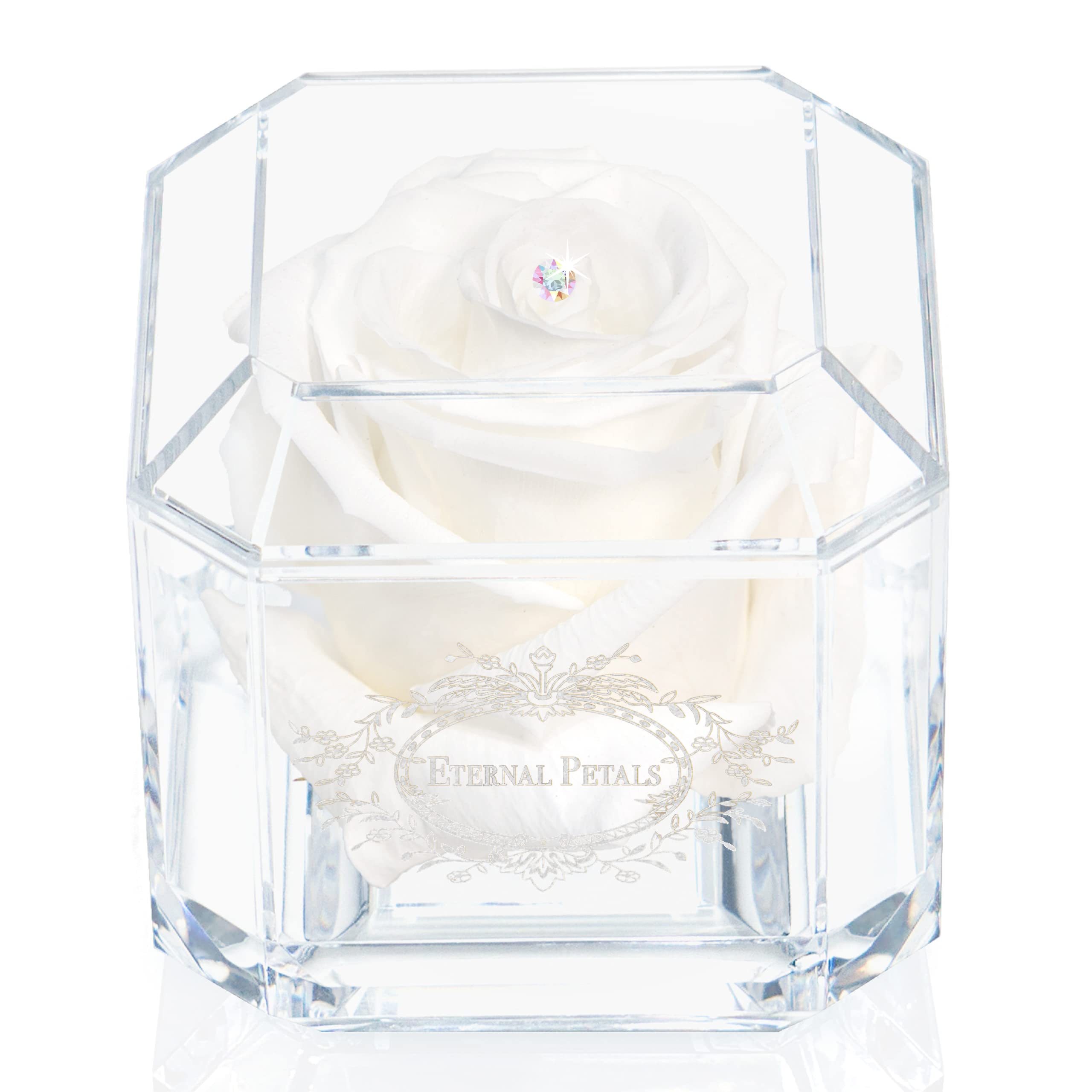 A 100% Real Rose That Lasts Years - Eternal Petals, Handmade in London - White Gold Solo with A Multicolor Crystal (Deep Red) — view 13