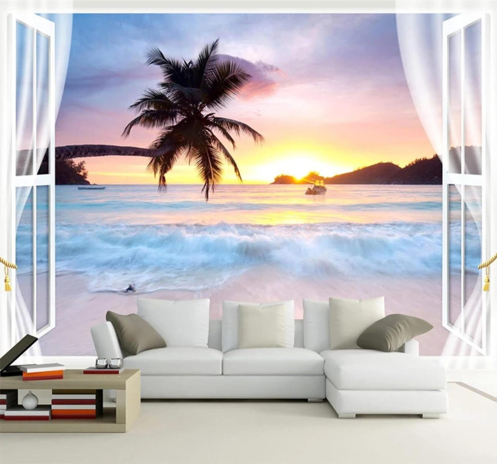 XLMING Beautiful Sunrise Coconut Trees Coast Scenery 3D Wallpaper Luxury Home Dining Decor Paste Sofa Living Room The Wall for Bedroom Mural-300cm×210cm