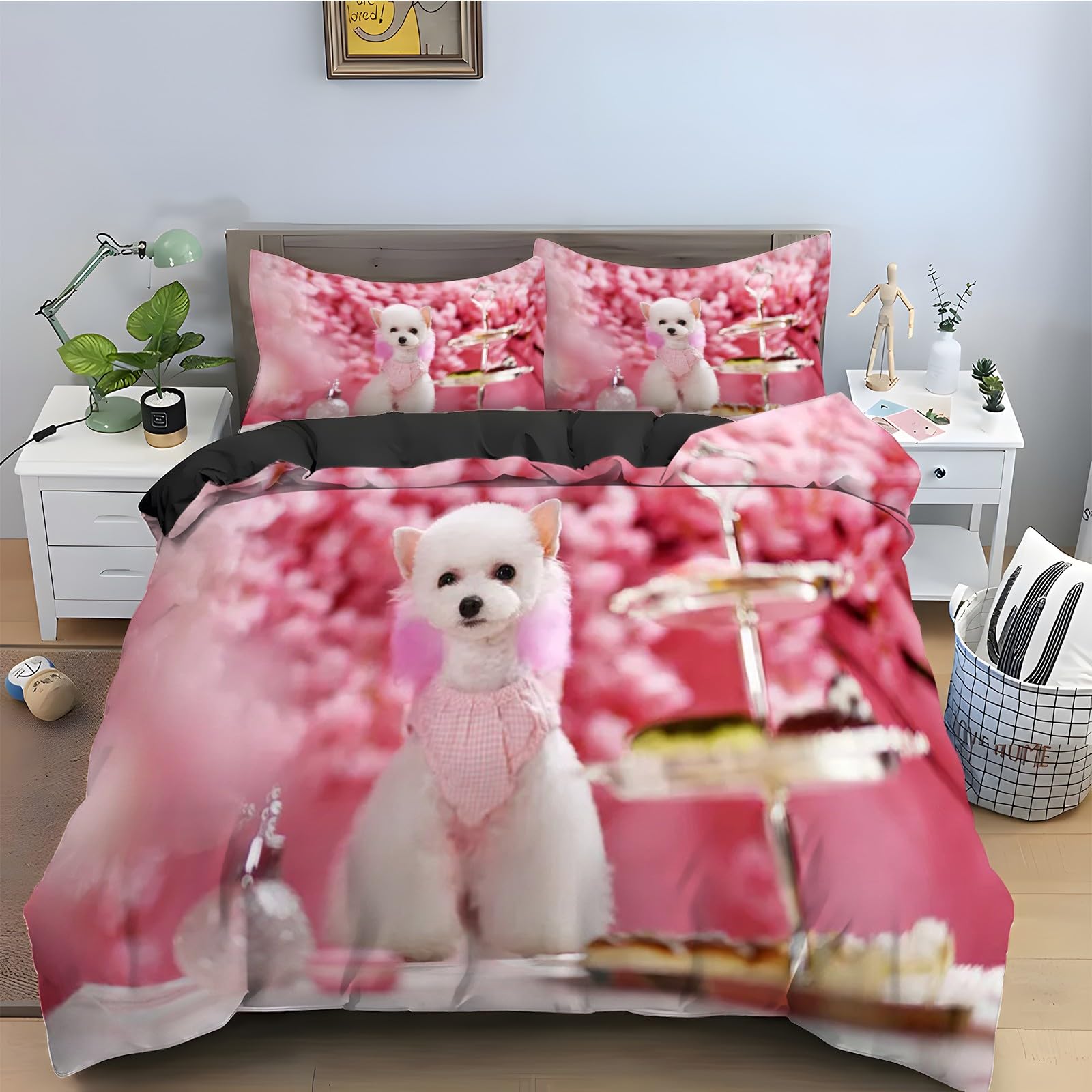 Parure de lit rose avec housse de couette 160x200 chiot pour chambre d'enfant