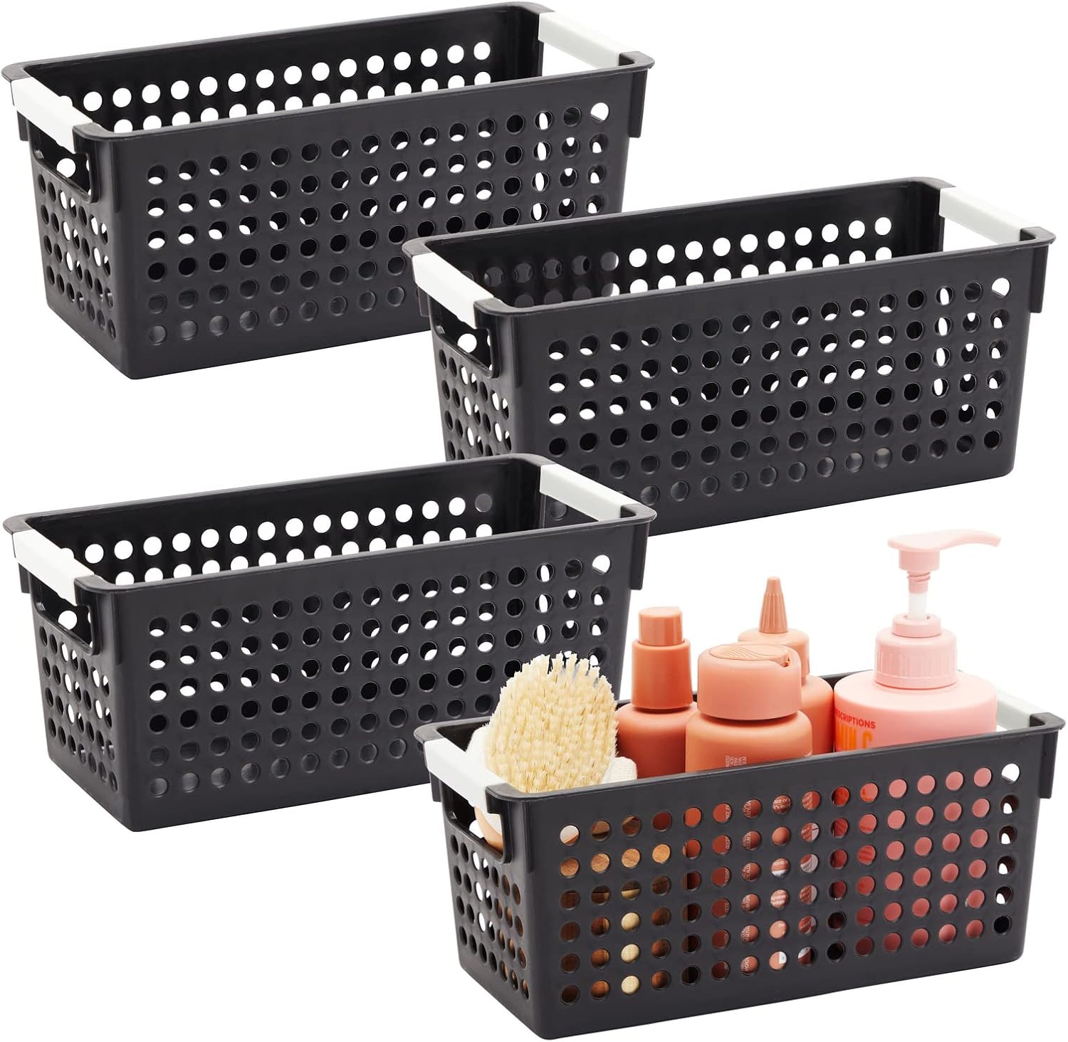 Farmlyn Creek 4Pack Black Plastic Baskets for Organizing Bathroom, Laundry Room