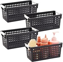 Farmlyn Creek 4-Pack Black Plastic Baskets for Organizing Bathroom, Laundry Room, Washroom or Playroom, Stylish and Sleek Versatile Small Plastic Baskets with Handles for Home Closet Organization
