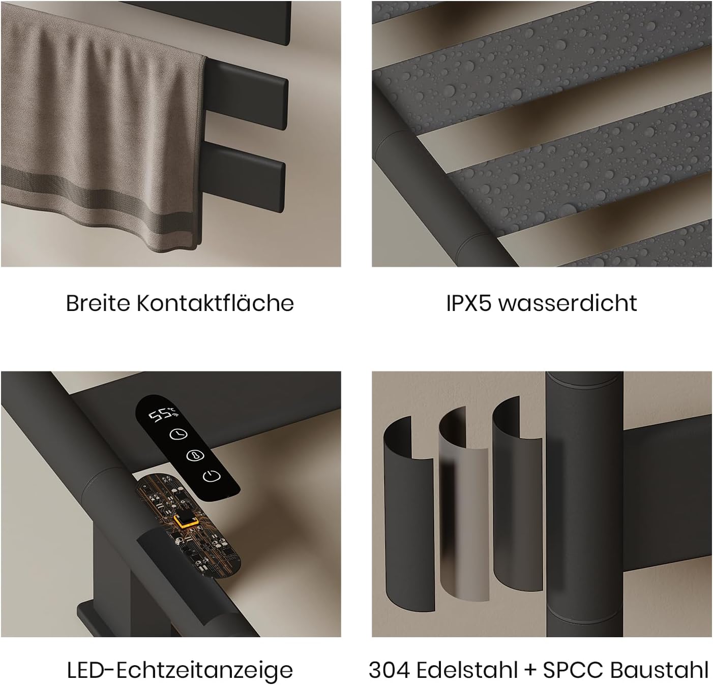 Smartphone screen displaying the Tuya Smart App interface controlling the EMKE Electric Towel Radiator.