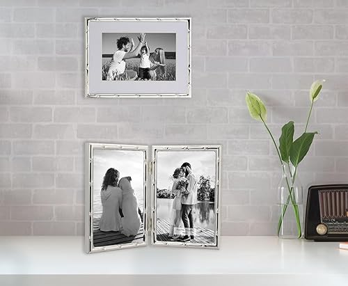 Miniatura 6 de Marcos de fotos dobles con detalles de bambú de 5 x 7 pulgadas, marco de fotos de metal doble plateado de 7 x 5 pulgadas, elegantes marcos de fotos