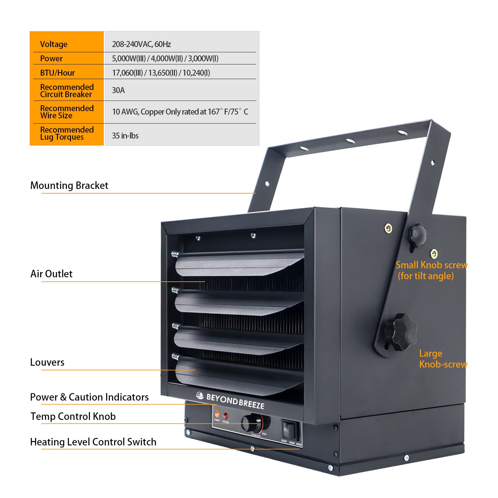Amazon.com: BEYOND BREEZE Garage Heater, 5000-Watt Ceiling Mount Heater  with 3 Heating Setting, 240-Volt Hardwired Fan-Forced Heater, Overheat Safe  Protection, Ideal for Shop Workshop Warehouse : Tools u0026 Home Improvement
