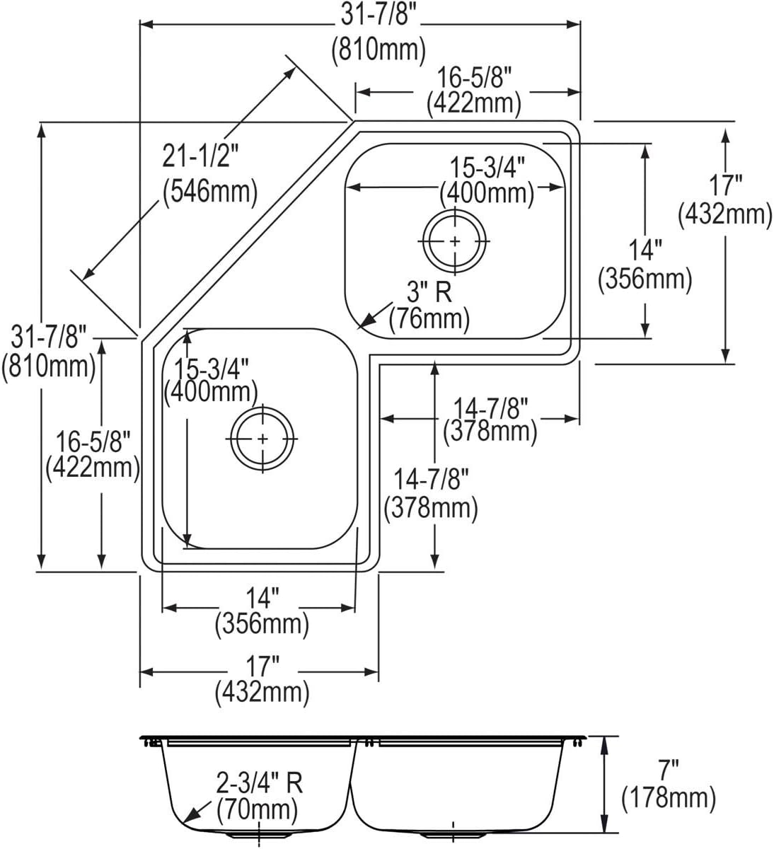 Elkay DE217324 Dayton Equal Double Bowl Stainless Steel Corner Sink